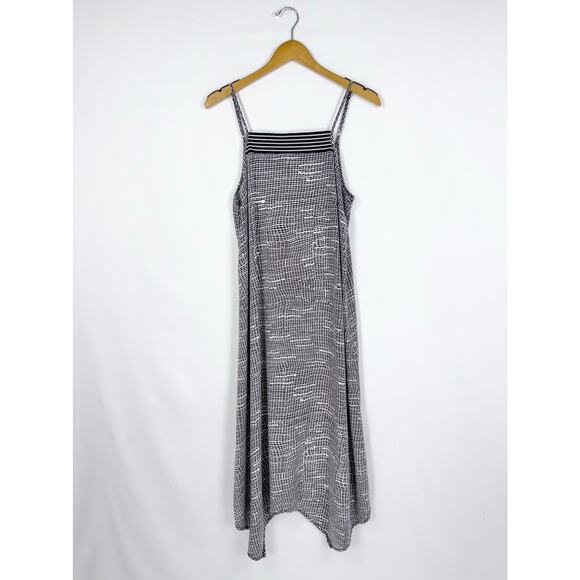 Prana Women's Selene Printed Handkerchief Hem Midi Dress Medium Black - Picture 2 of 13